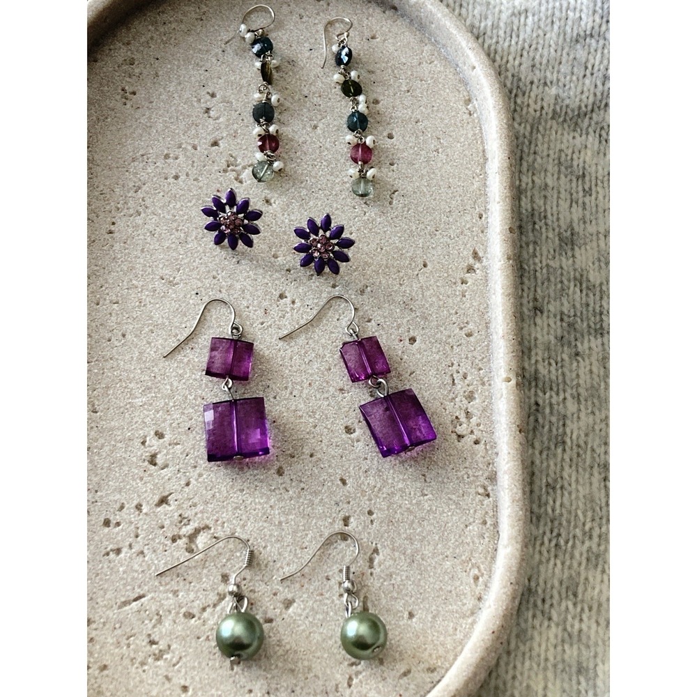 Romantic Dangle Earrings‎ Set Of 4 Pair Purple Green Beaded Floral Silver Tones